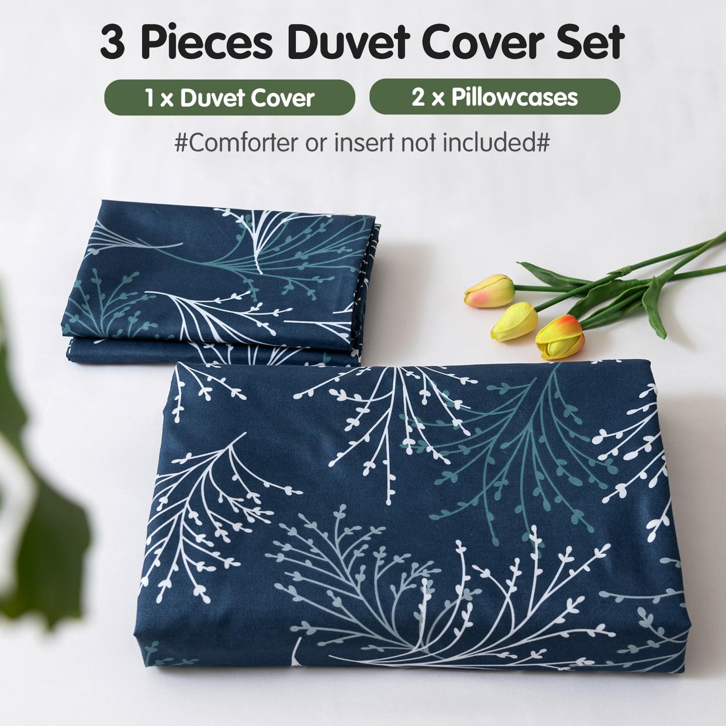 Lekesky Reversible Duvet Cover Queen Size, Navy Blue Branch Comforter Cover Queen 3pcs Microfiber Botanical Bedding Set with Zipper Closure Corner Ties