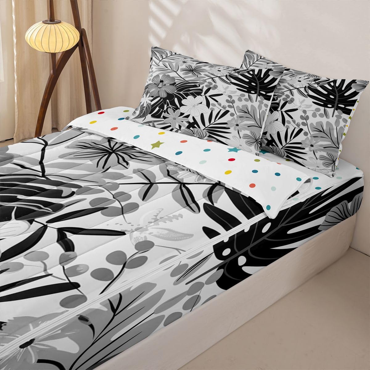 Feelyou Cute Grey Flower Zipper Bedding Sets for Kids Boys Girls Botanical Leaves Floral Queen Comforter Set with Fitted Sheet Aesthetic Flower Bedroom Decor Microfiber with 2 Pillow Cases