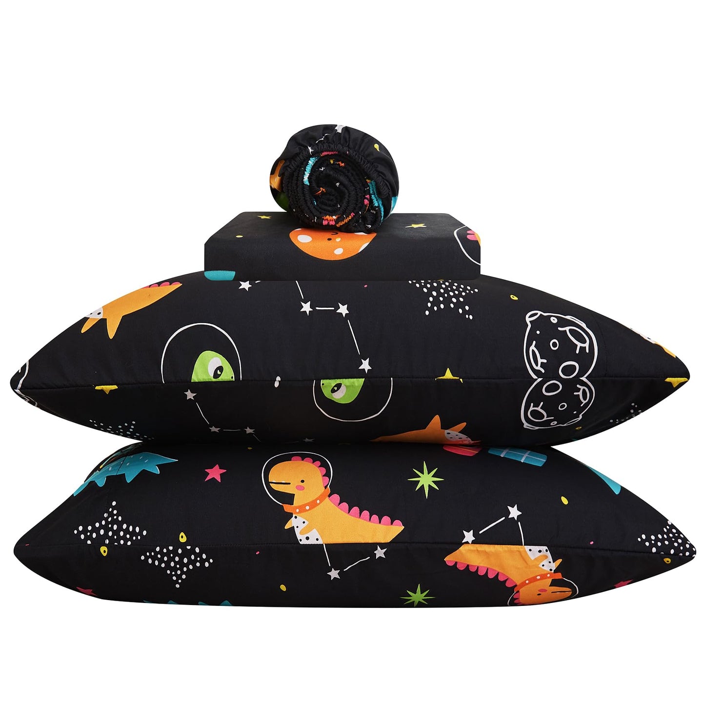 Yibeizi Space Dinosaur Full Size Sheet Set for Boys, Kids Cute Planet Printed Microfiber Bedsheet Deep Pocket Bedding Sheets & Pillowcases 4 Pieces