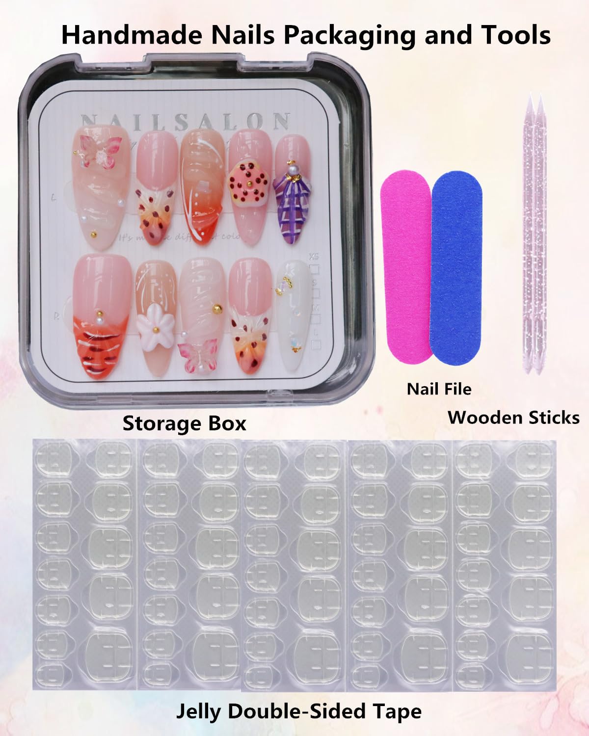 CAMILCY Handmade 3D Floral Butterfly Press On Nails Nude Orange French Almond Tips Fake Nails Luxury Hand‑Painted Rhinestone Pearl Salon Quality Reusable High‑End Custom Manicure for Women (B10, M)