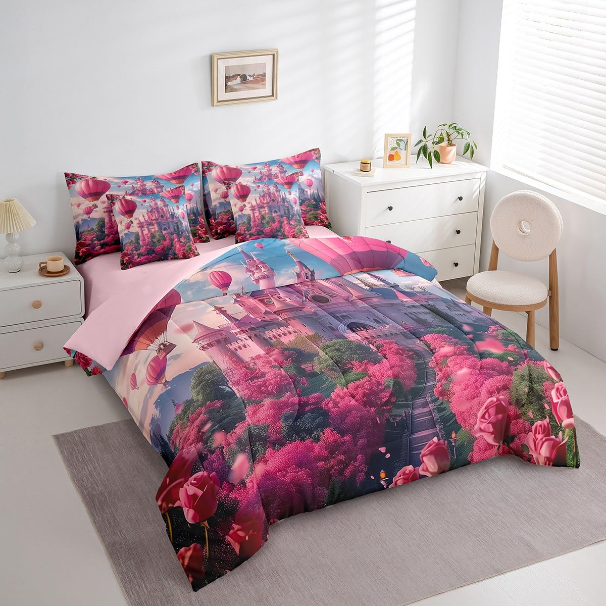 Erosebridal Kids Dreamy Castle Comforter Set King,Sea of Rose Flowers Bedding Set 7Pcs for Girls Teens,Funny Hot Air Balloon Print Bed in a Bag,Floral Leaves Botanical Quilt