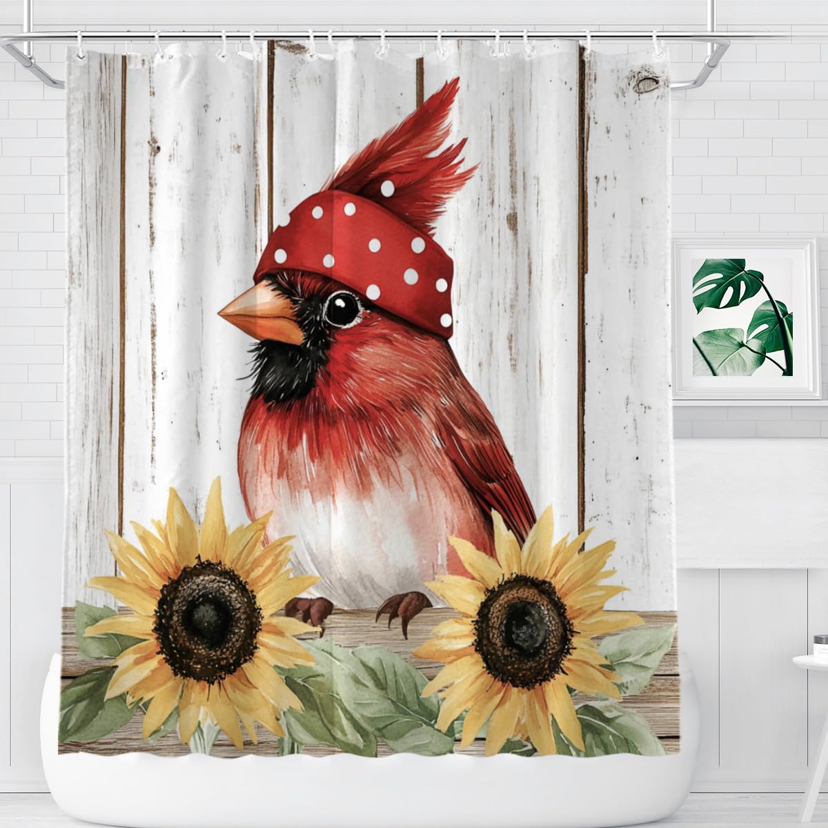 KEEPAEON Summer Sunflower Red Cardinal Shower Curtain for Bathroom Floal Farmhouse Country Shower Curtain Flowers for Bathtub Decor with 12 Hooks 72"x72"