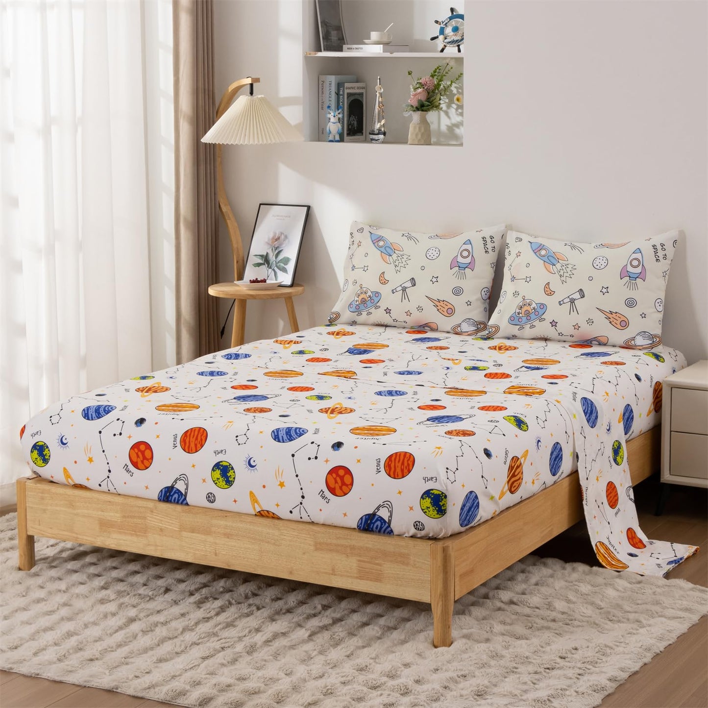Aimuan Space Comforter Twin Set Kids Rocket Bedding Set Super Soft & Cute Aliens UFO Printed for Boys Girls Teen (Cream, Full 5Pcs)
