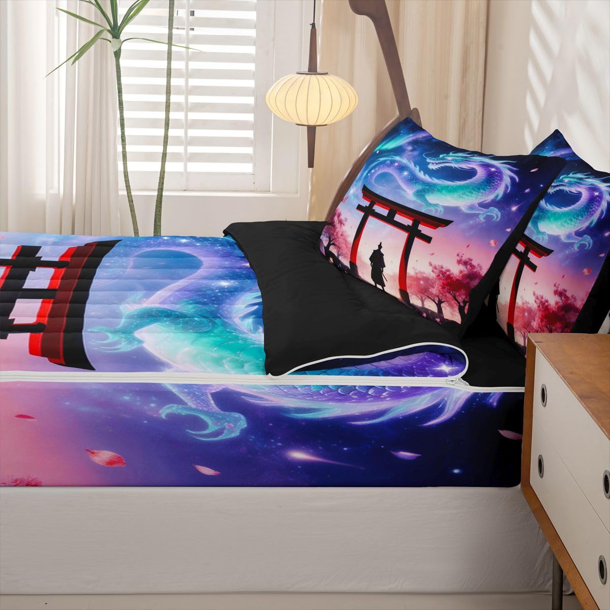 jejeloiu Dragon Twin Zipper Bedding Set Japanese Style Samurai Kids Comforter Set with Fitted Sheet and 2 Pillowcases Outer Space Galaxy Bed in a Bag Romantic Exotic Zip Up Bedding Soft Microfiber