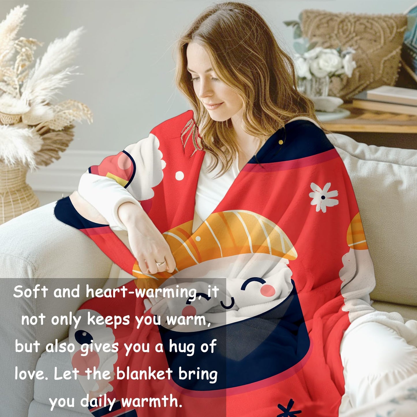 VANZEV Cute Sushi Blanket Gifts for Women, Sushi Flannel Blanket, Soft Warm Lightweight Throw Blankets for Bed Couch Home Travel Sushi Decor 50" x 60"
