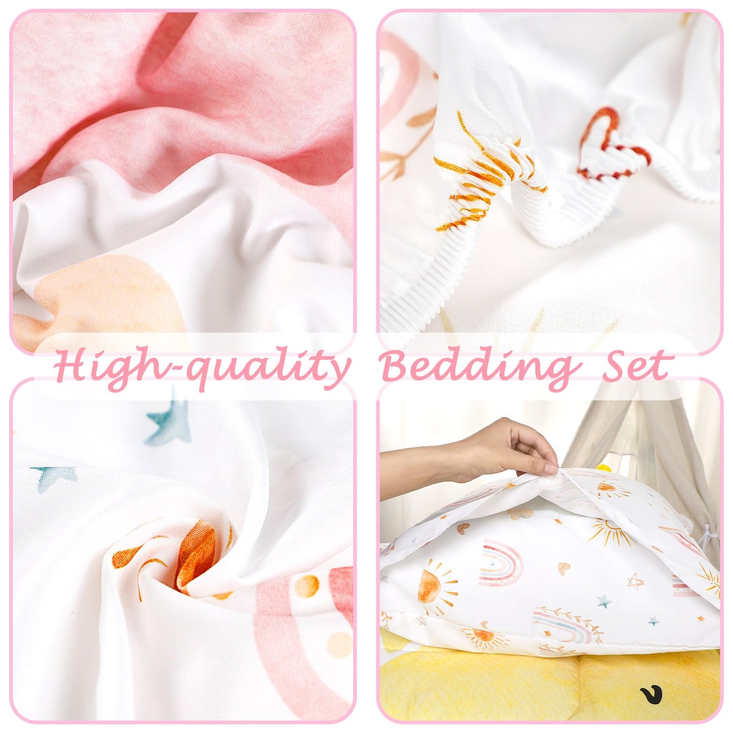 CARUILI Toddler Bedding Set for Girls 4 Piece Pink Rainbow Toddler Girl Bedding Set Super Soft & Lightweight Toddler Comforter Set Includes Comforter, Flat Sheet, Fitted Sheet, Pillowcase