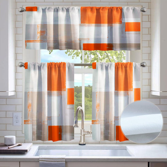 KINUUIS Orange Brown Blackout Kitchen Window Tier Curtains and Valance Set, 52 x 36 Inch Abstract Art Window Curtains Set with Rod Pocket for Small Windows, Living Room or Bathroom