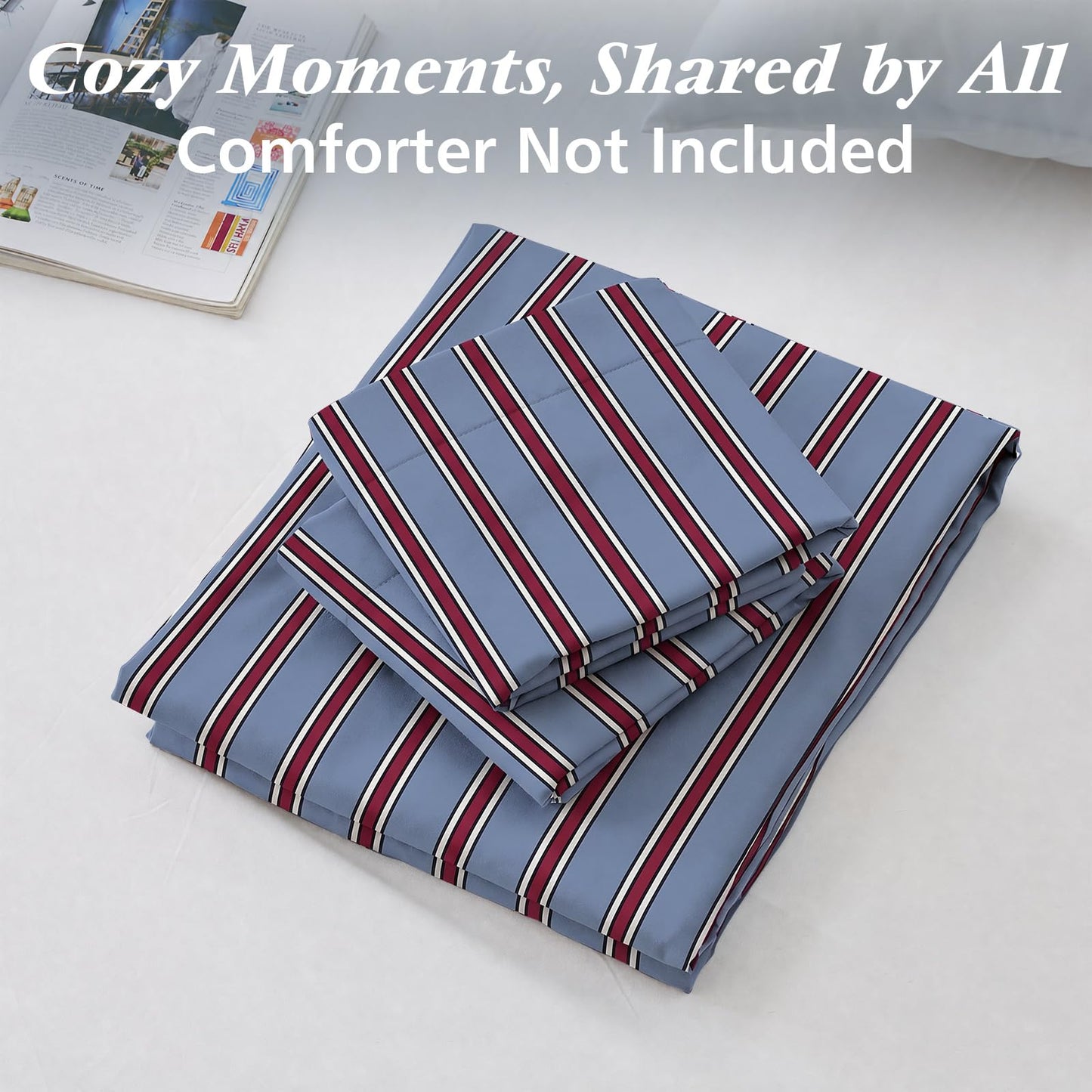JOLLYVOGUE Striped Duvet Cover King, Blue Duvet Cover with Red Stripes