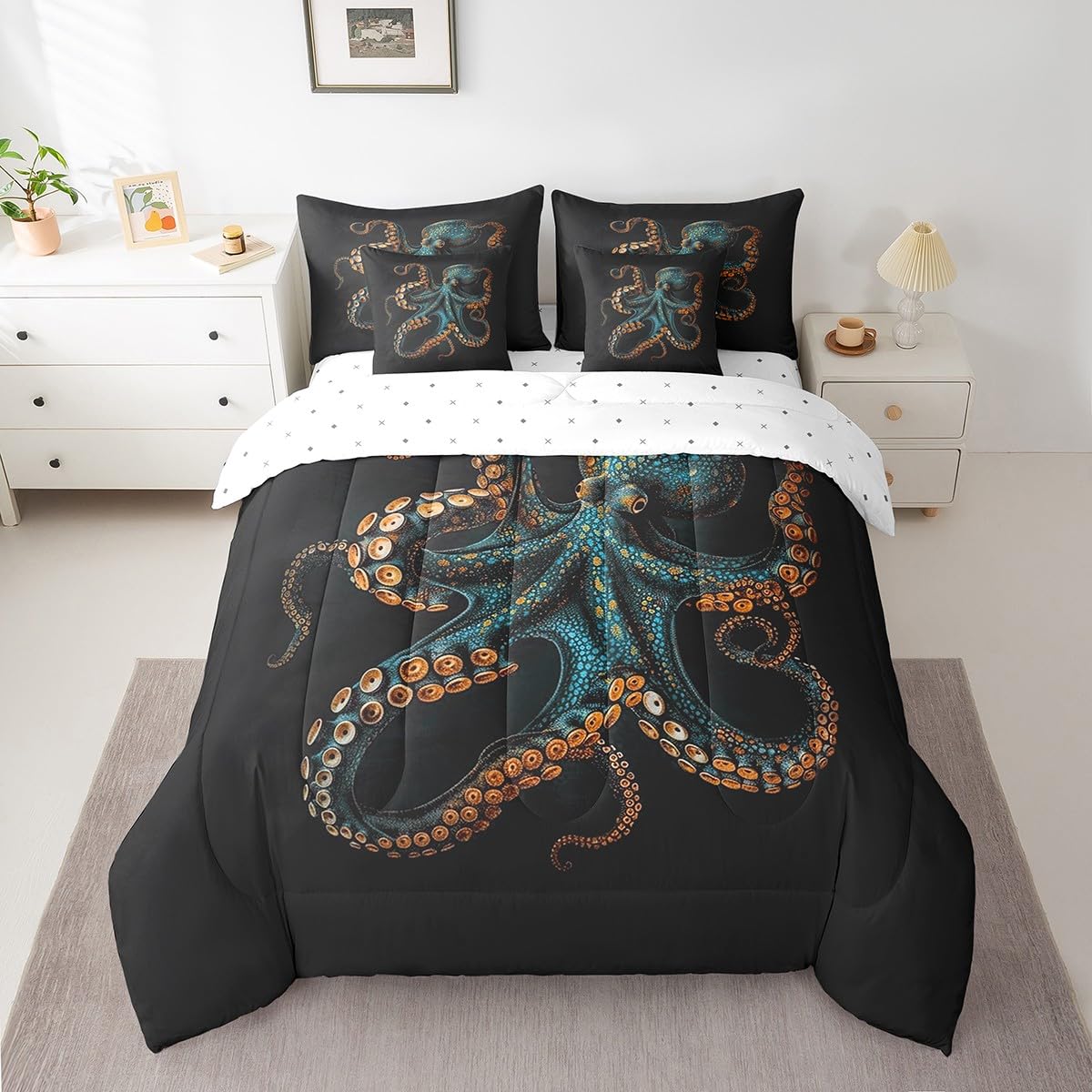 Feelyou Blue Black Octopus 7 Pieces Bedding Set Tentacles Twin Comforter Set with Sheets for Boys Girls Kids Room Decor Ocean Kraken Bed in a Bag Sealife Sea Animal Bed Set Bedroom