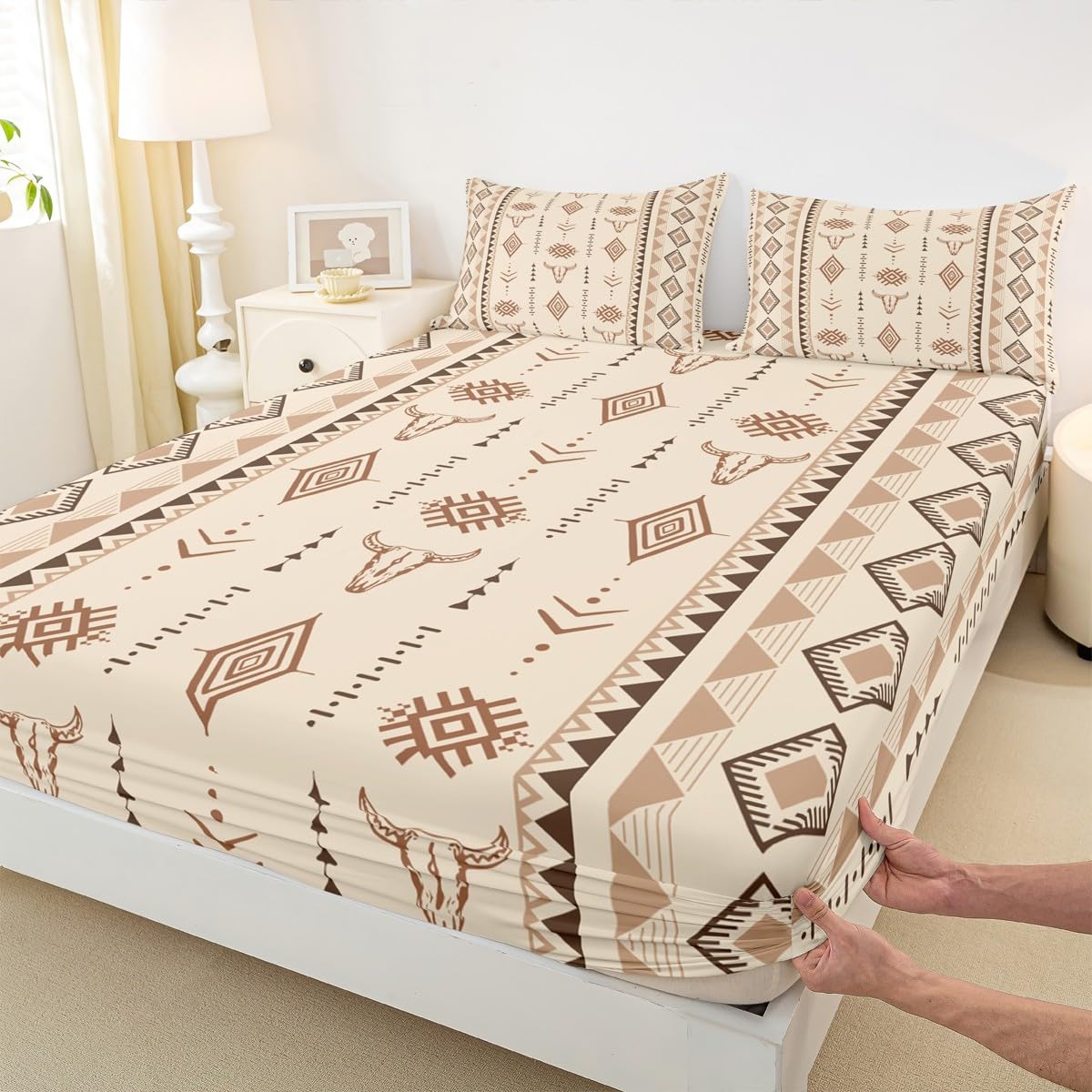 Erosebridal Bohemian Aztec Bed Sheets Set Full Size, Western Bull Skull Flat Fitted Sheet for Girls Boys Women Men Bedroom, Geometric Farmhouse Bedding Set, Southwestern Native Bed Sets