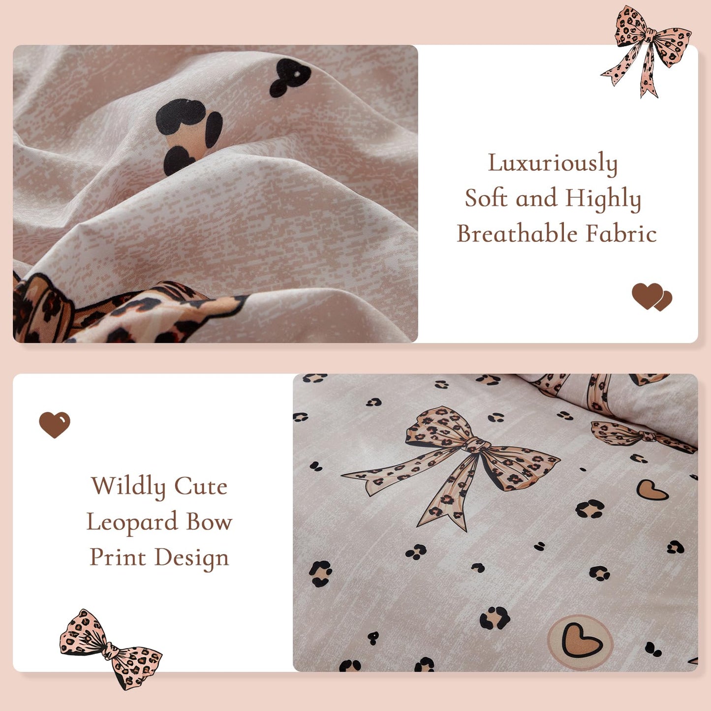Wajade 7 Piece Cheetah Bow Comforter Set for Girls Kids Queen Size Bedding Set with Sheet and 2 Pillowcases 2 Pillow Shams Cute Girls Bed in a Bag as Birthday Choice