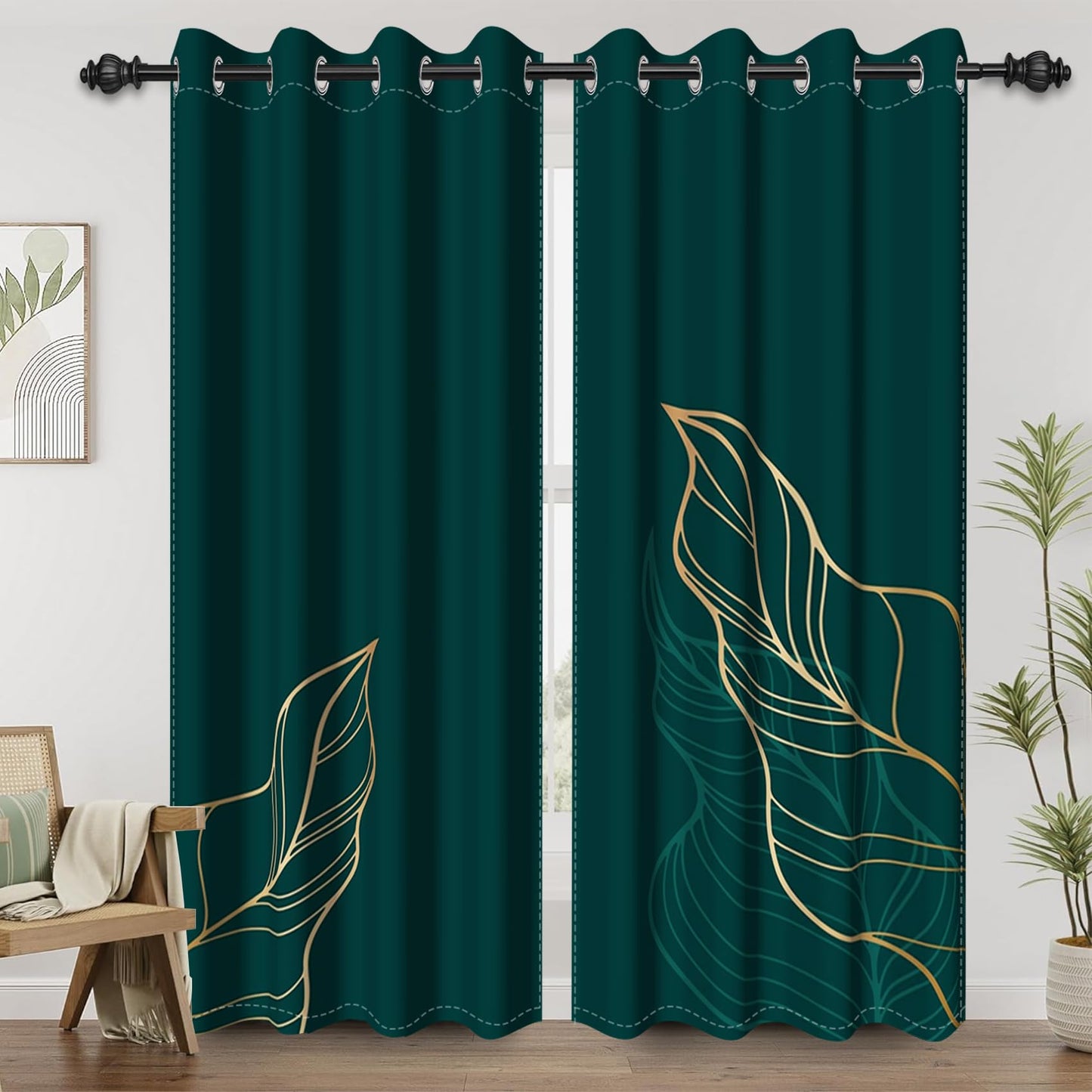 Renaiss Dark Green Blackout Curtains for Bedroom Golden Leaves Line Window Curtain Insulated Thermal Window Drapes for Living Room Decor Darkening Curtains 2 Panels Set, 42x63 Inch