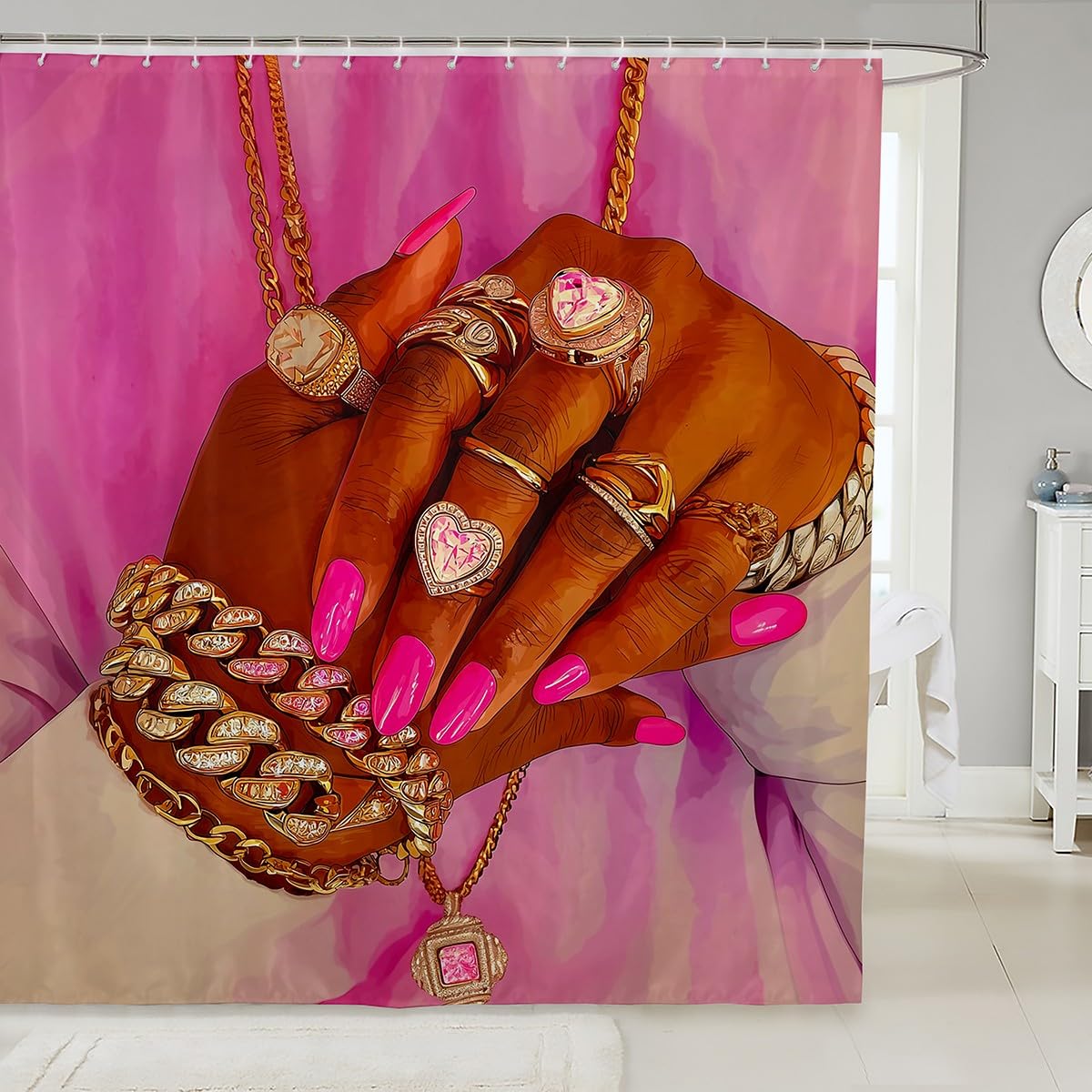 jejeloiu African Woman Themed Bath Curtain African Shower Curtain for Kids Teens Room Decor Hot Pink Bathroom Shower Liner 72"x78" Ethnic Afro Decor Waterproof Soft Lightweight Polyester