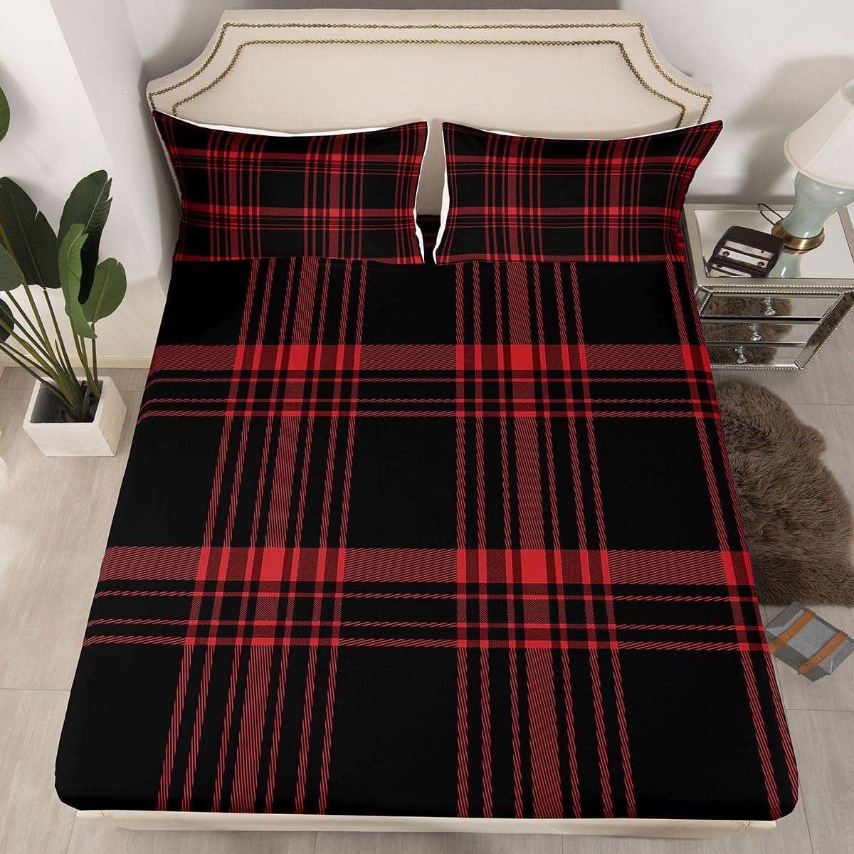 jejeloiu Classic Red Black Plaid Fitted Sheet with 1 Pillowcase Twin Size Checkerboard Bed Sheets Set 16" Deep Pocket Boys Girls Farmhouse Bedding Aesthetic Grid Teens Bedroom Decor Breathable