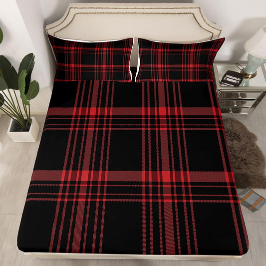 jejeloiu Classic Red Black Plaid Fitted Sheet with 1 Pillowcase Twin Size Checkerboard Bed Sheets Set 16" Deep Pocket Boys Girls Farmhouse Bedding Aesthetic Grid Teens Bedroom Decor Breathable
