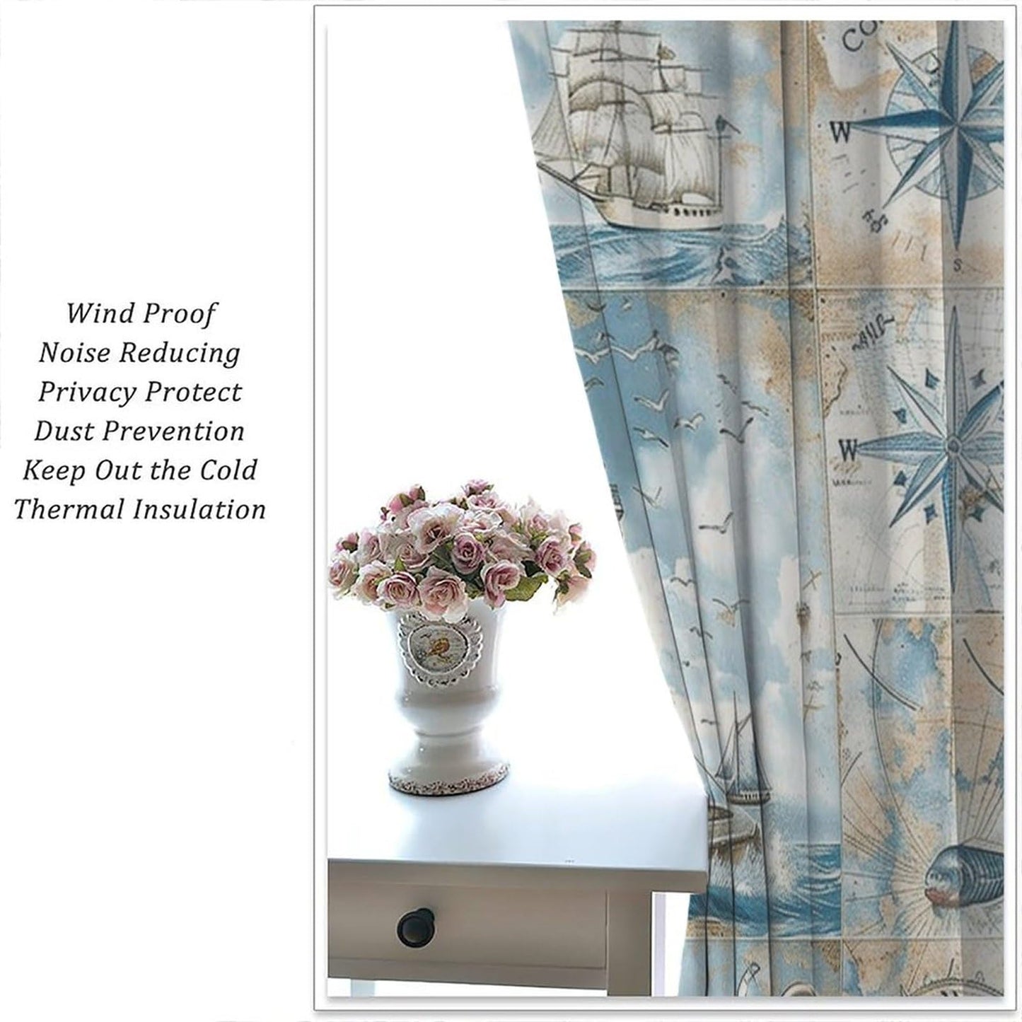 TOWINSFB Nautical Journey Blackout Curtains for Living Room Bedroom, Retro Sailboat Compass Lighthouse Window Curtains Rod Pocket Thermal Insulated Window Drapes, 2 Panels, Each 21W x 63L