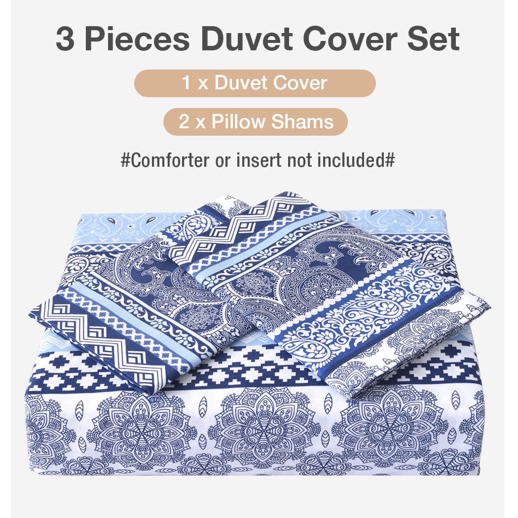 Lekesky Boho Queen Size Duvet Cover Set, Boho Blue Retro Comforter Cover Queen Size Floral Striped Printed, Luxury Soft Microfiber Bedding Set with Zipper Ties