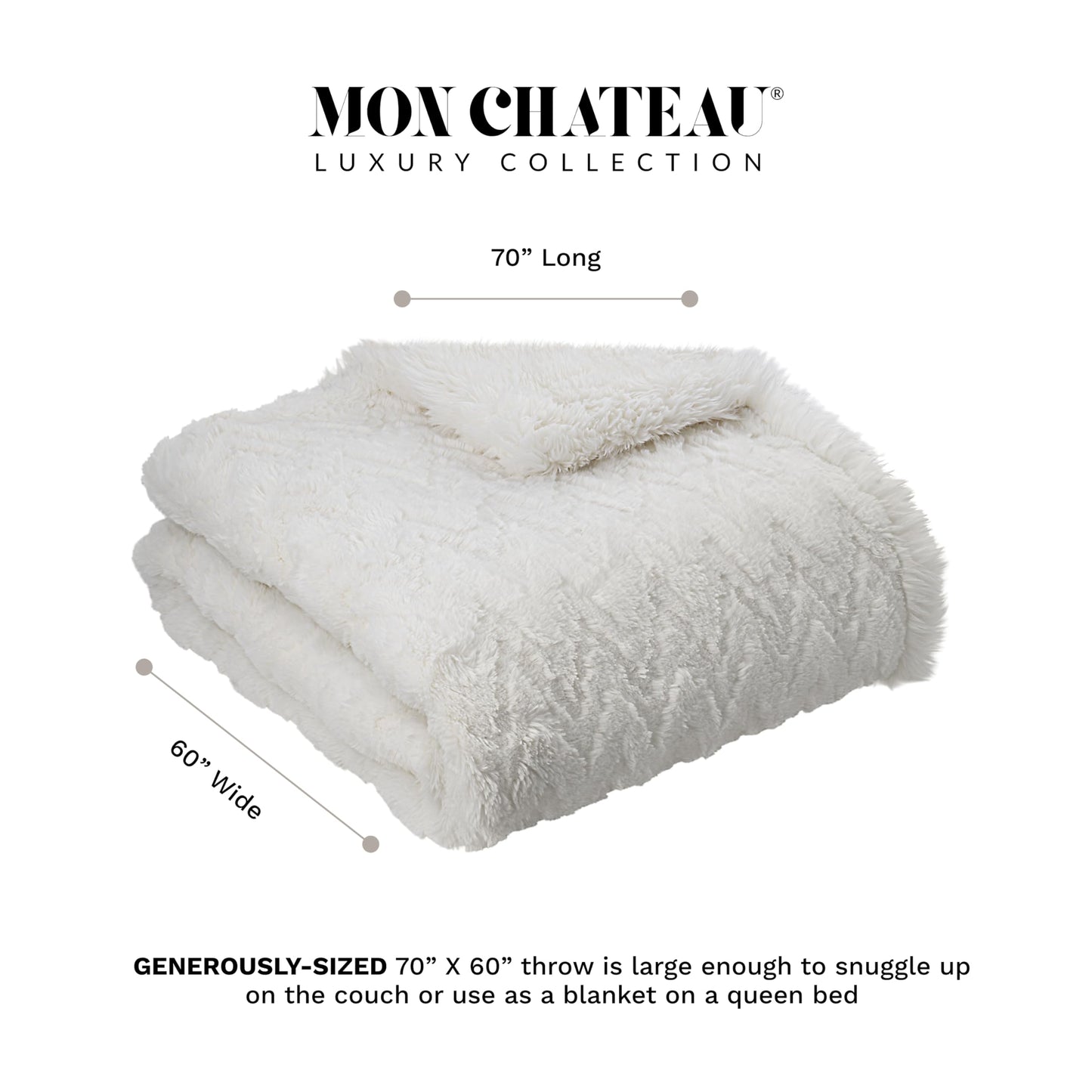 Mon Chateau 60" x 70" Crest Faux Fur Throw, Plush Luxury Blanket for Couch, Sofa, or Bed, Soft Reversible Throw Blanket for Sleeping, Home & Room Decor, Ivory Jacquard