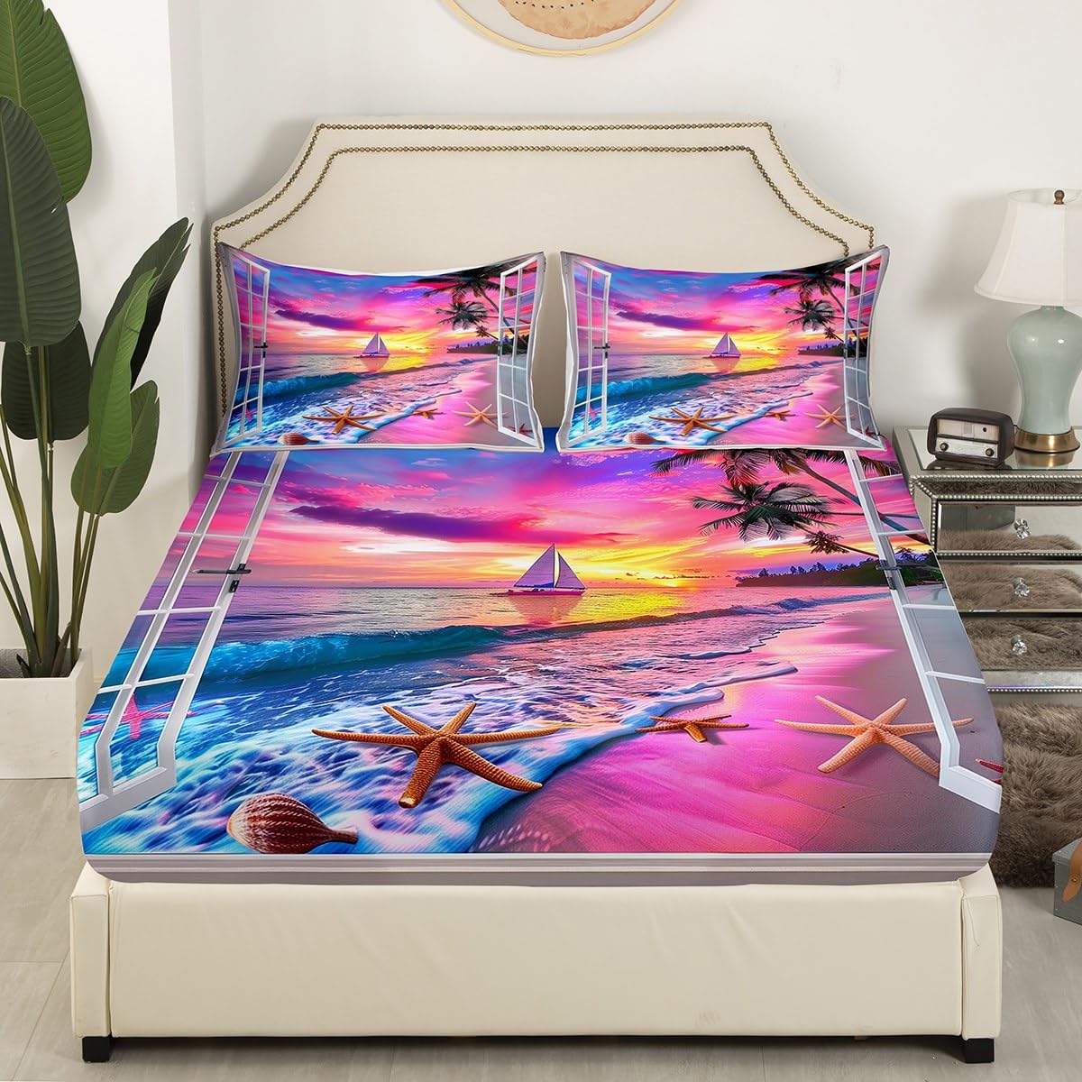 jejeloiu Beach Theme Fitted Sheet Full Size Kids Summer Ocean Wave Pattern Bed Sheets Set for Boys Girls Teens Sea Marine Coastal Tropical Leaves Starfish Sailboat Bedding Set Room Decor