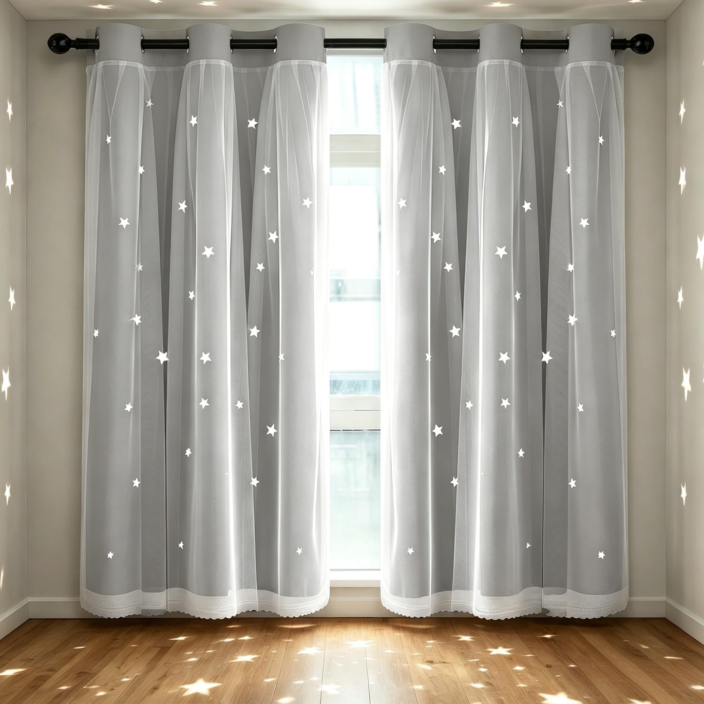 Kinryb 63" Long Star Cut-Out Blackout Curtains 2 Layer Thermal Insulated Overlay Kids Curtains Noise Reducing Drape for Living Room/Bedroom 42" W x 63" L Silver Grey 2 Panels