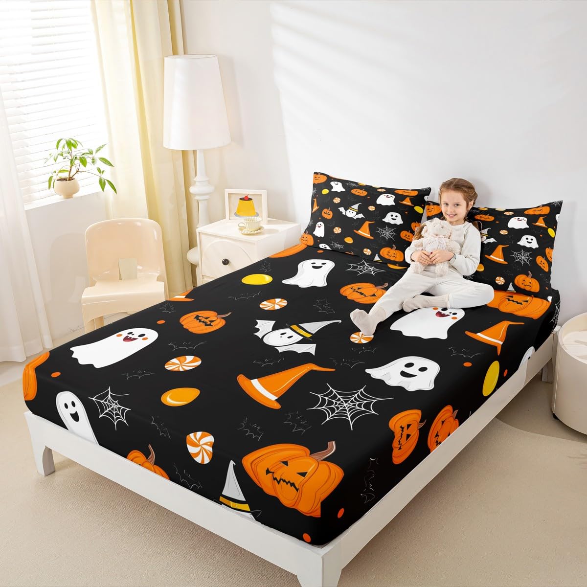 Feelyou Happy Halloween Bed Sheets Sets Twin Size Kids Boys Girls Cute Ghost Pumpkin Bedding Set Orange White Black Bed Sheet Set with 16-Inch Deep Pockets Cobweb 3Pcs with 1 Pillow Cases