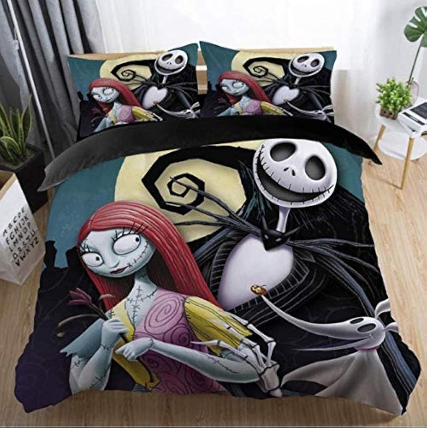 Ankeyoo Duvet Cover Sets, Nightmare Christmas Jack and Sally Rose Decor Bedding Set, Home Bedroom Decoration, Microfiber Fabric, No Comforter, 3pcs Queen Size