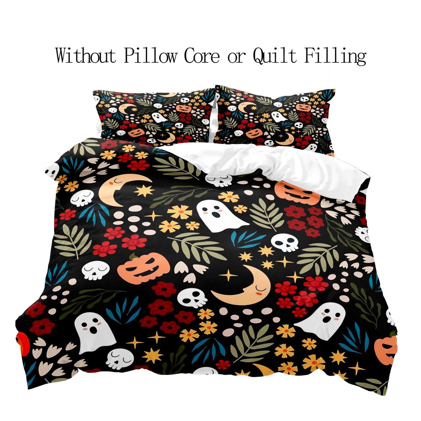 LUVIVIHOME 3PCS Botanical Cute Ghost Duvet Cover Queen Bedding Sets, Boys Girls Kids Bedding, Spooky Gothic Funny Pumpkin Skull Moon Star Flower Plant Leaves Halloween Comforter Cover, 2 Pillow Cases