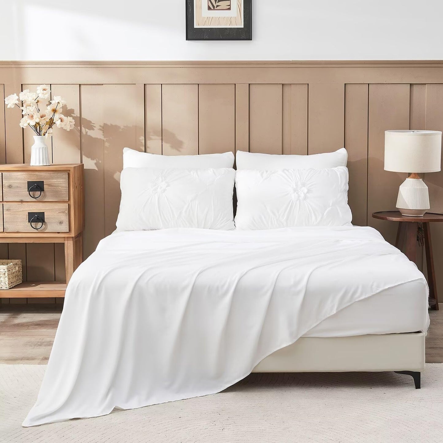 Jameswish White Comforter Set Queen Size Bed in A Bag 7 Piece Pinch Pleat Bedding Set,Pintuck Ruched Flowers Bed Set with Comforter, Sheets, Pillowcases & Shams