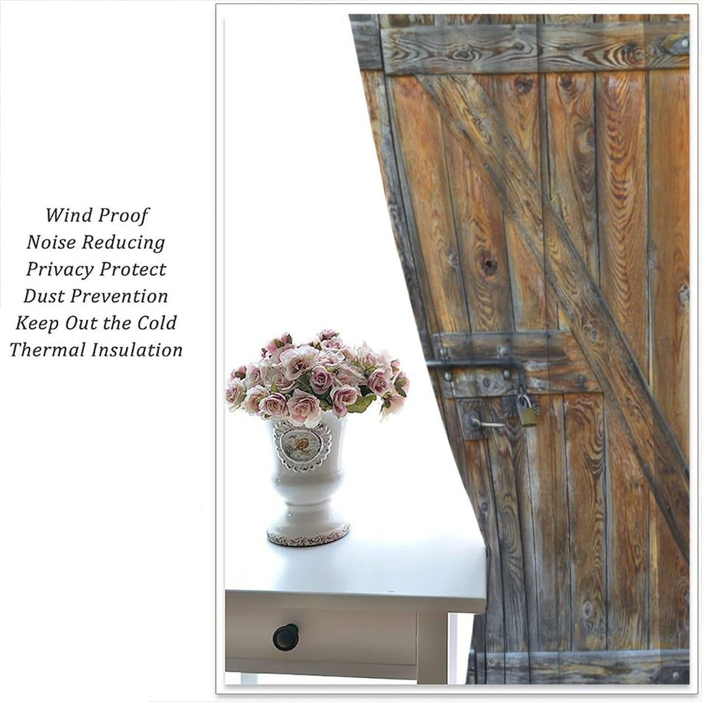 Wood Barn Door Decor Curtain, Retro Rustic Farmhouse Wooden Door Countryside Village Pattern Print Rod Pocket Window Drapes, for Living Room Bedroom Kitchen 42" W X 45" L