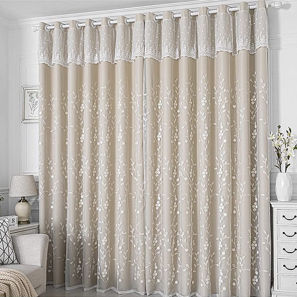 Amidoudou 1 Pair Double Layer Flower Curtains for Girls Room Living Room Pastoral Flowers and Leaf Embroidered Curtains for Bedroom (Beige,54x96 Inch)