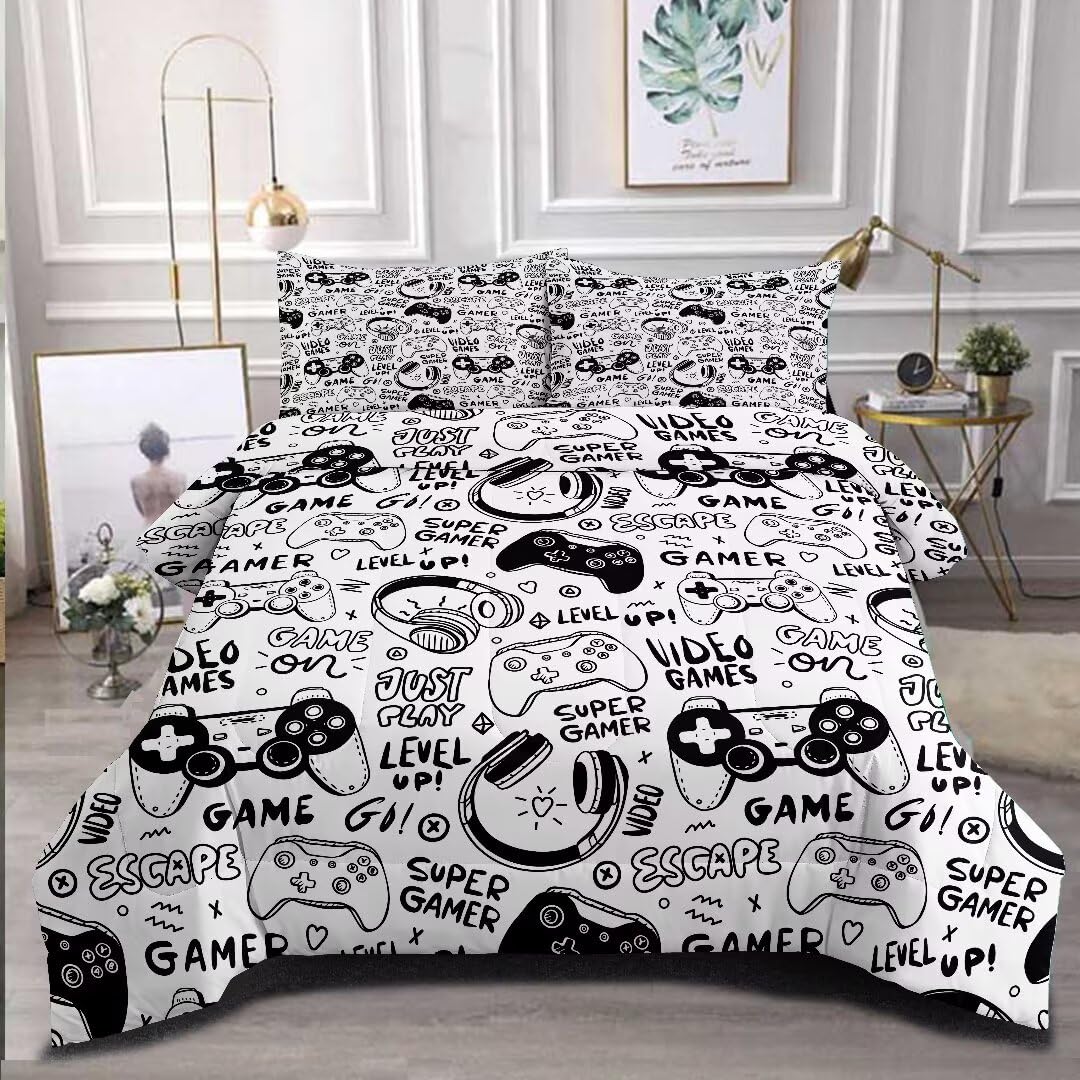 GRAT TIOC Gaming Comforter for Boys Teens,Game Bedding Sets Twin,Kids Gamer Comforter Set,Video Game Bedroom Bed Set Controller Duvet All Season 3 Piece