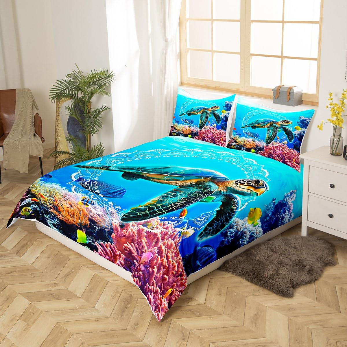 Sea Turtle Duvet Cover Queen Size,Hawaii Tropical Fish Marine Life Bedding Set 3pcs for Kids Teens Boys Girls Room,Animal Plants Comforter Cover Mystic Deep Sea Quilt Cover with 2 Pillowcases,Blue