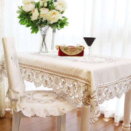 LeLehome 58" X 86" Oblong Classic Embroidered Tablecloth, Vintage Brown Flower Lace Beige Rectangular Large Table Cloth for Kitchen Dining Home Restaurant Party Decor