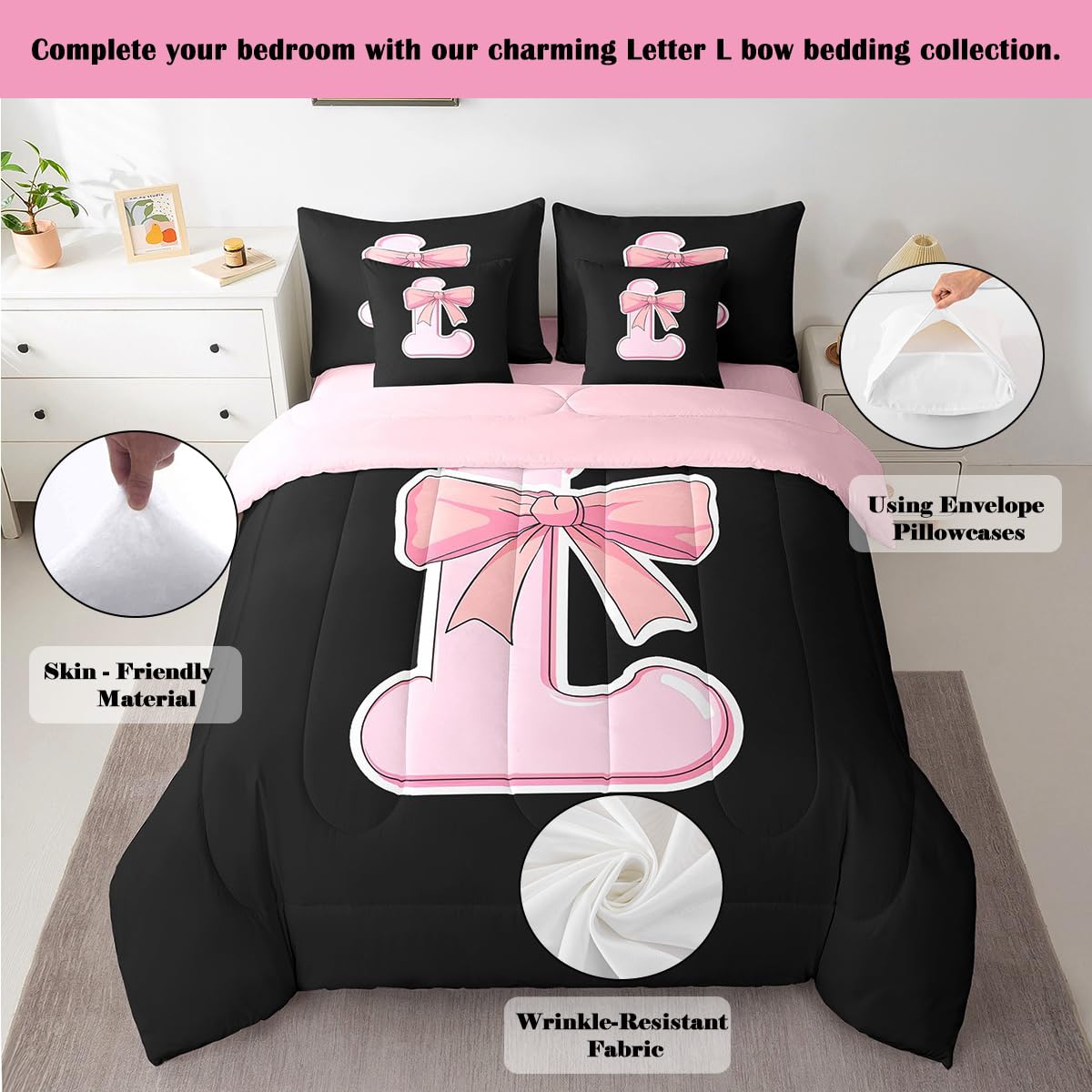 jejeloiu Kawaii Pink Bow Twin Comforter Set with Sheets,Gifts for Women Teen Girl,Personalized Initial Letter L 7 Piece Bedding Set,Soft Monogrammed Bed in a Bag with Comforter,Sheets,Pillowcases