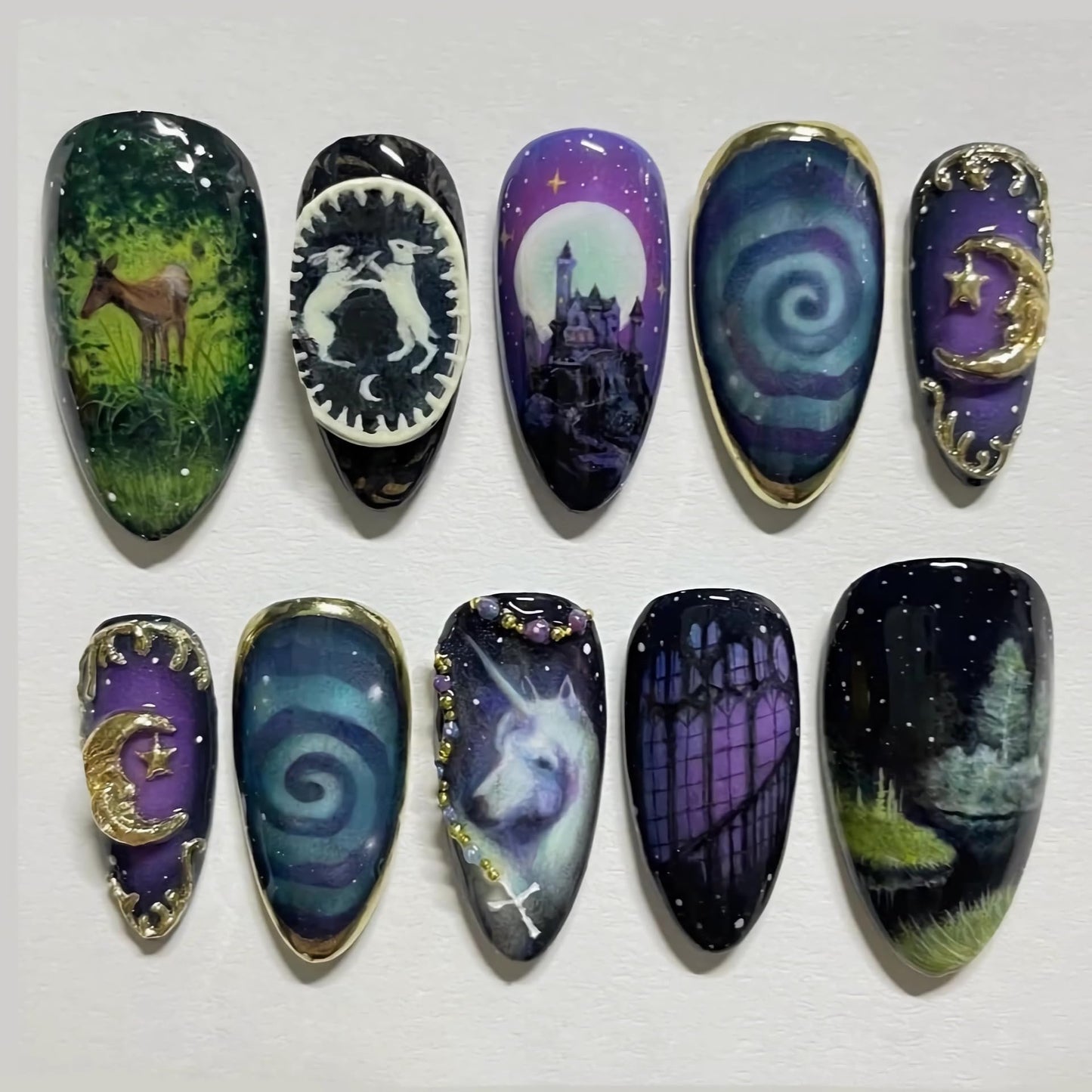 BABALAL Press on Nails Medium Almond Fake Nails Purple Goth Glue ons Anime Design Rabbit Unicorn Golden Moon Y2k Manicure Handmade Custom Art 24Pcs Glossy Full Cover Acrylic False Nails