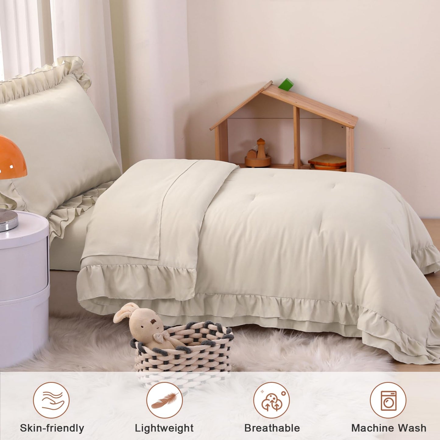 Wowelife Toddler Bedding Set for Girls, 4 Piece Double Ruffles Soft and Breathable Crib Bedding Set for Boys and Girls, Includes Quilted Comforter, Fitted Sheet, Flat Sheet and Pillowcase, Pale Beige