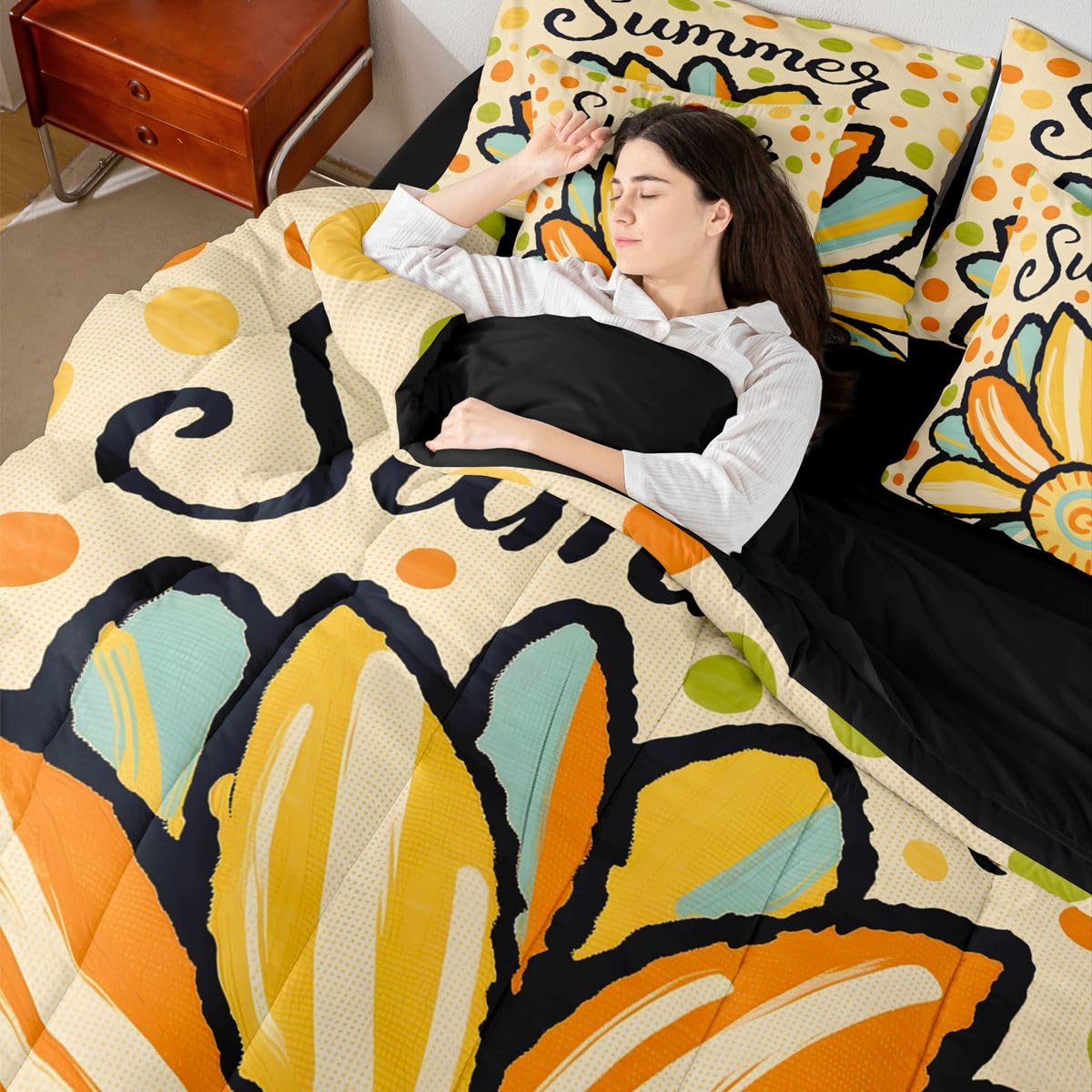 Erosebridal Cute Daisy Queen Bedding Set Retro Polka Dot Comforter Set with Flat and Fitted Sheet Whimsical Summer Colorful Floral 7-Piece Bed in a Bag Kids Friendly Playful Art Quilt Sets