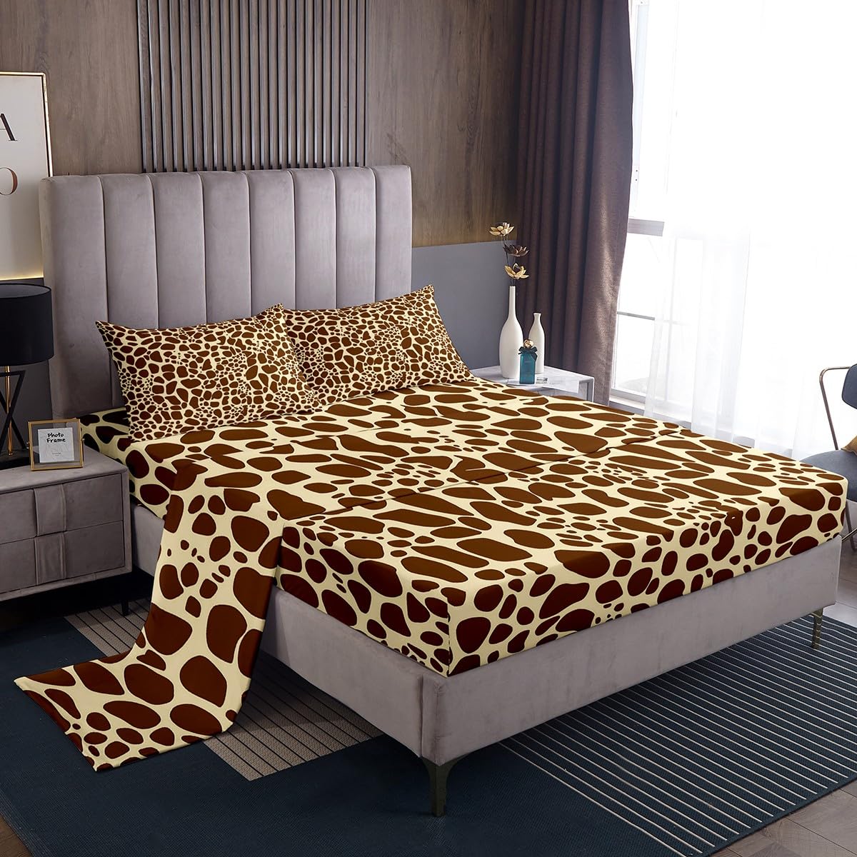 Erosebridal Giraffe Print Bed Sheets Queen for Boys Girls Geometric Brown Giraffe Sheet Set Wild Animal Theme Skin Pattern Sheets for Kids Teens Luxury 4Pcs(1 Flat Sheet,1 Fitted Sheet,2 Pillowcases)…