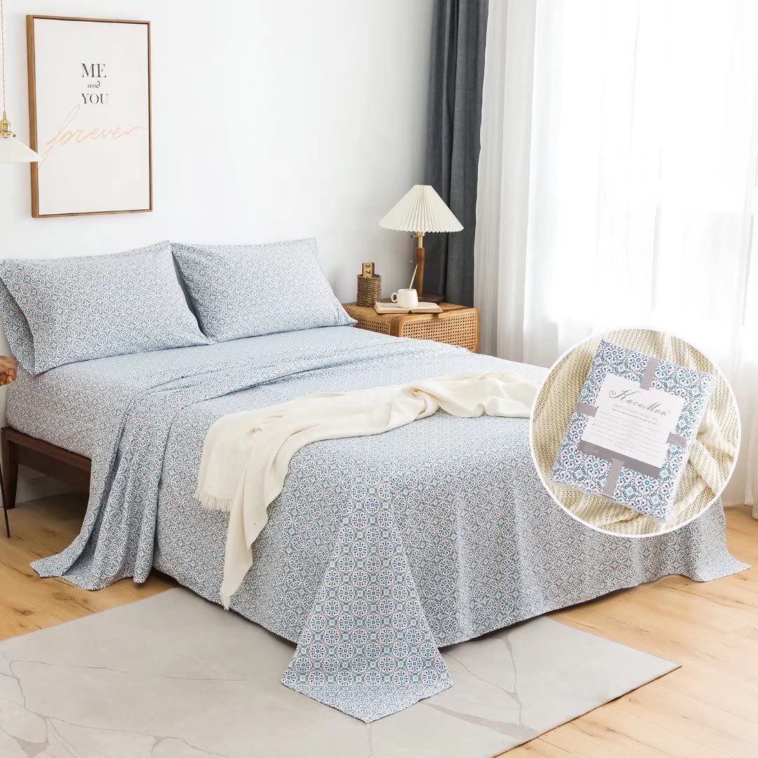 KACEMOO California King Sheet Set 4PC Blue Printed Sheets Floral Bed Sheet Boho Pattern Sheets Cooling Soft Deep Pocket Microfiber Brushed Sheet, Easy Care, Breathable, Wrinkle Free Bed Set