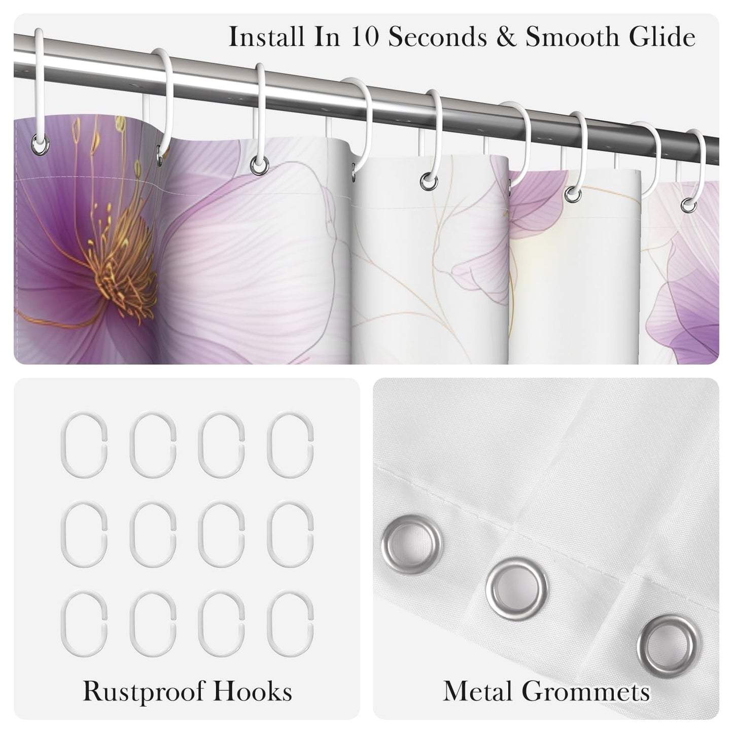 NAEMBCU Purple Floral Shower Curtain with Hooks - 72x72 Inch Waterproof Fabric Bathroom Curtain with Watercolor Abstract Flower Pattern, Washable Bath Curtain for Modern Glam Interiors