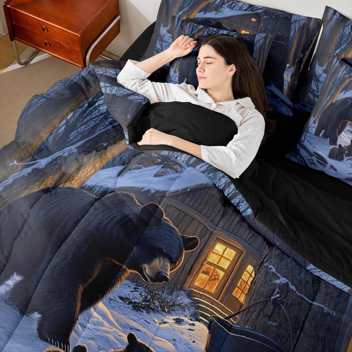 Erosebridal Black Bears 7 Piece Bedding Set Twin Cabin Comforter Set with Sheets Barrel Snow Woodland Trees Lights Bed in a Bag Winter Theme Wildlife Black for Kids Boys Girls