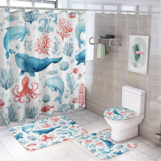 INSFBRB Cartoon Colorful Ocean Wildlife Shower Curtain Set,Funny Rustic Sea Starfish Coral Nautical Fish Dolphin Whale Octopus 4 Pcs Bathroom Decor Accessories with 12 Hooks