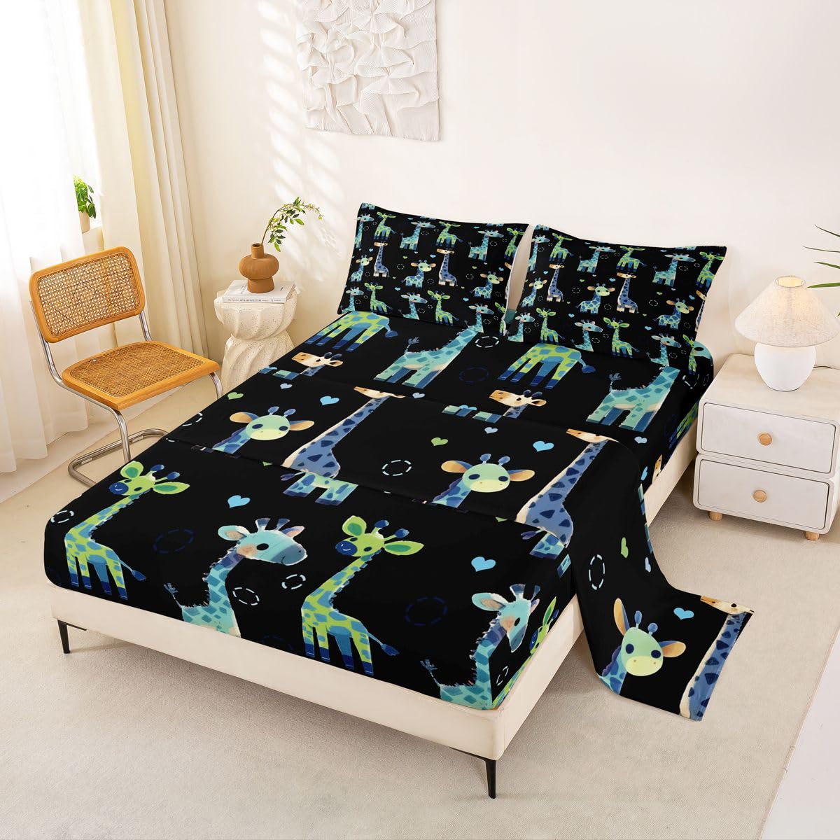 Erosebridal Giraffe Bed Sheets Full Black and Green Sheet Set for Kids Boys Girls Cartoon Kawaii Sheets Geometric Circle Wild Animal Flat Fitted Sheet 3 Pcs