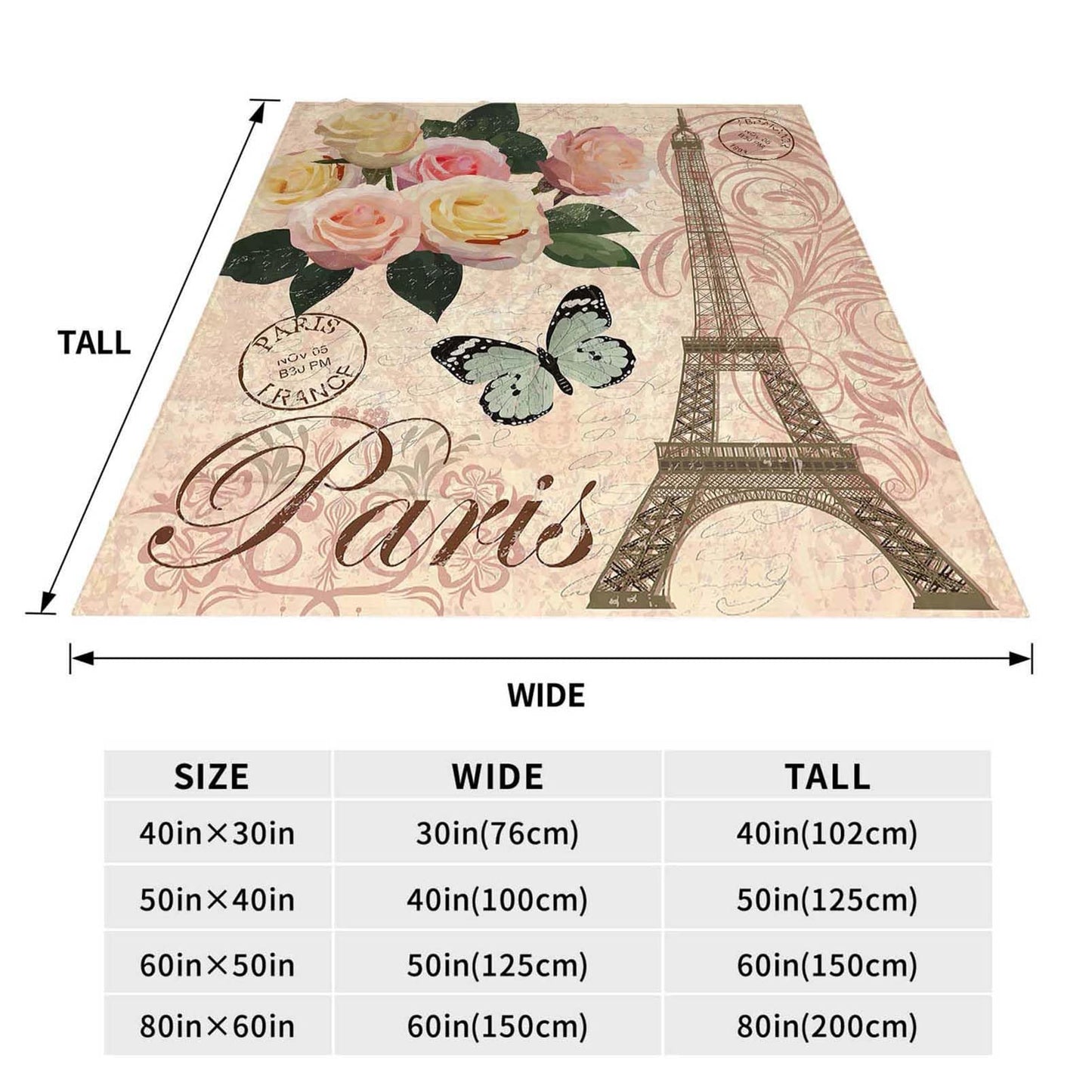 Throw Blanket 60x80 Inch,Vintage Paris Flower Eiffel Towel Rose Cozy Soft Lightweight Fuzzy Flannel Blanket 80x60 Inch Suitable for Couch Bed Sofa Living Room in All Seasons