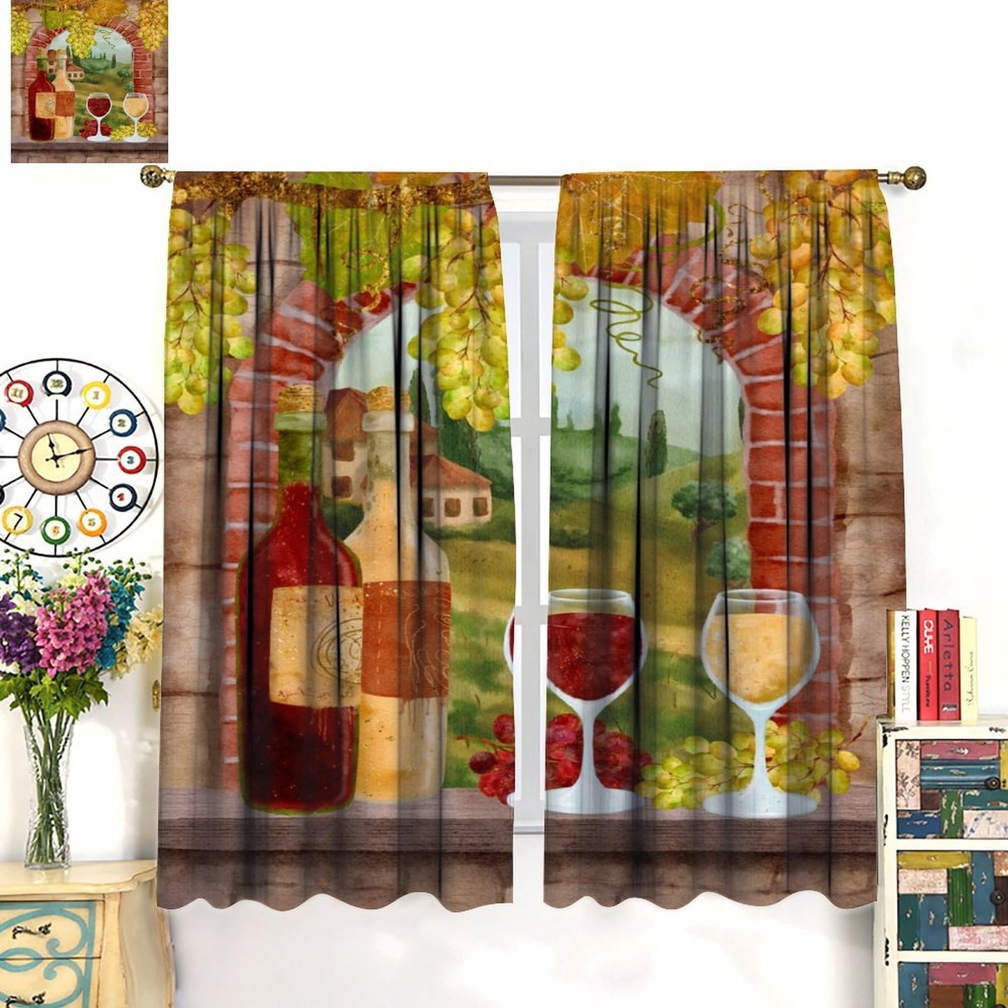GoDazzling Red Wine Blackout Curtains, Watercolor Pattern Bottles Glasses Grapes Retro Abstract Window Drapes, for Living Room Bedroom 42" W X 45" L