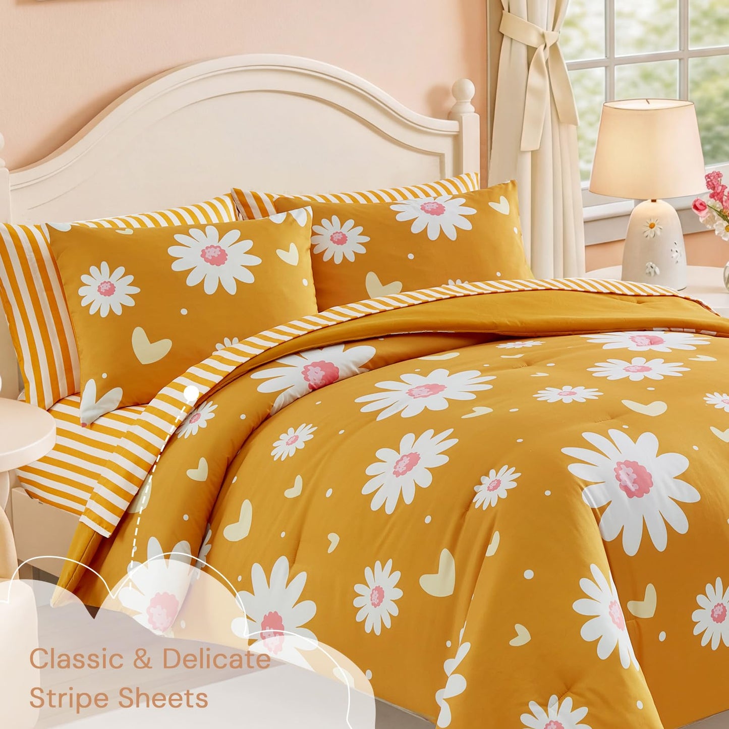 AMBERSPACE Twin XL Comforter Set for Girls, Mustard Yellow Daisy Bedding Set with Cute Heart, All Season Kids Bed in a Bag Dorm 5 Pieces with Sheets, Pillowcase & Sham