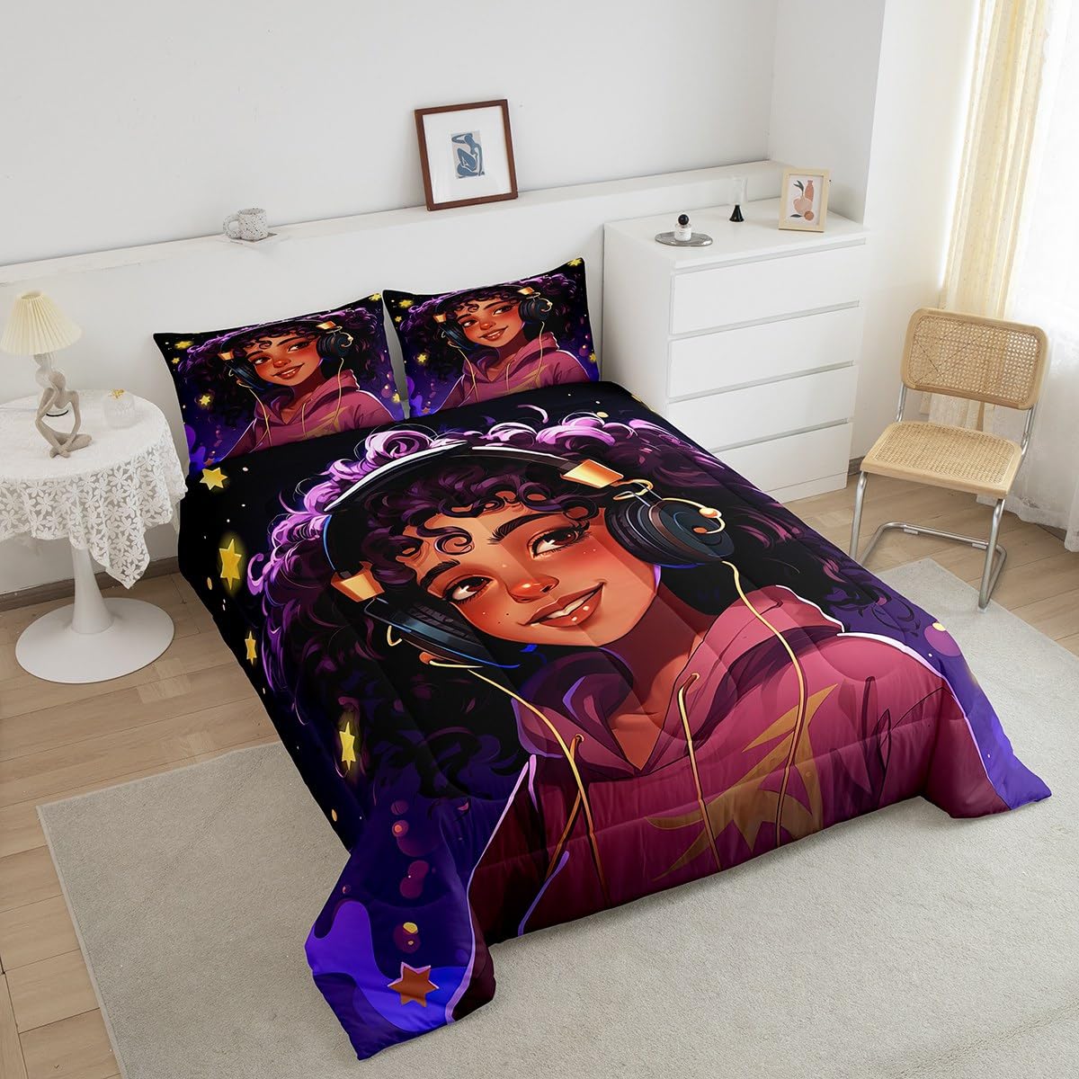 Erosebridal Afro Girls Bedding Set American African Princess Magical Comforter Set Purple Curly Hair Girl Quilt,Musical Headphone Kawaii Room Decor for Kids Teens Toddler Girls