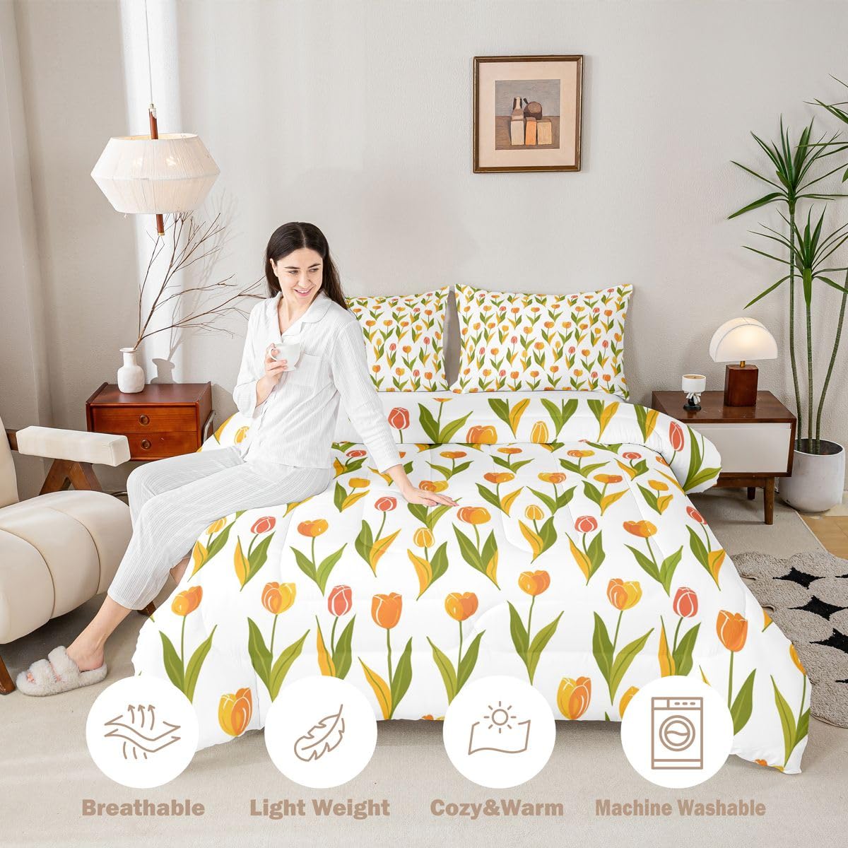 Feelyou Tulip Comforter Set Queen Size Cute Floral Bedding Set for Kids Boys Girls Cartoon Flower Duvet Quilt Plant Bedroom Decor Microfiber 3 Pcs with 2 Pillow Cases