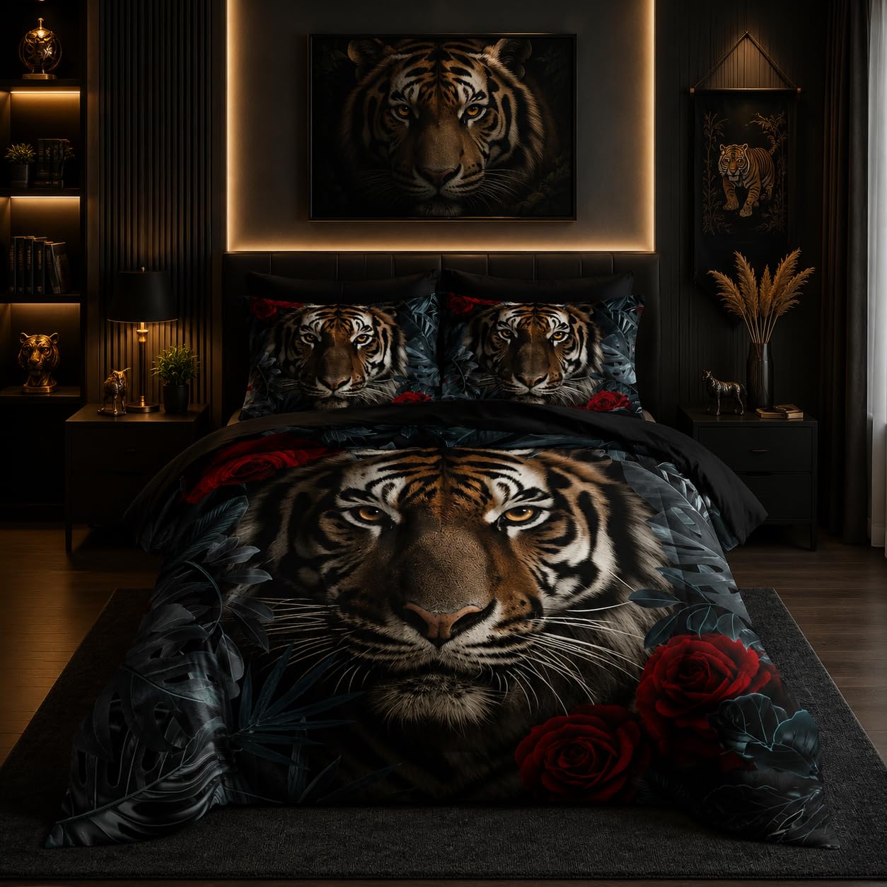 Nttopship Boys Tiger Comforter Set Bed in A Bag Twin Size 7PCS Red Rose Bedding Set,Bed Sheet Set Wild Animal Printed Room Decor for Girls Boys Kids,Microfiber Lightweight All Season