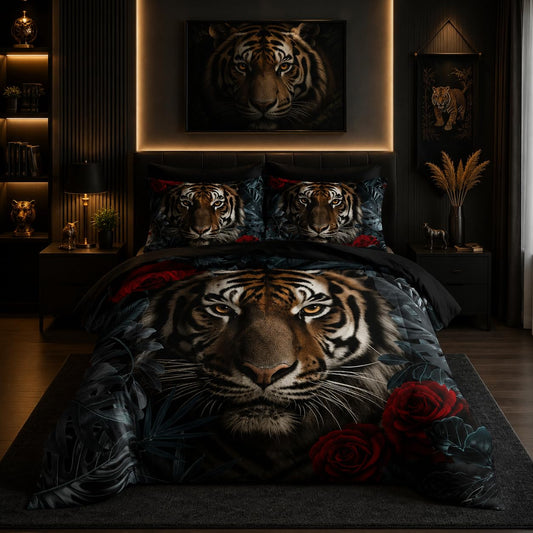 Nttopship Boys Tiger Comforter Set Bed in A Bag Twin Size 7PCS Red Rose Bedding Set,Bed Sheet Set Wild Animal Printed Room Decor for Girls Boys Kids,Microfiber Lightweight All Season